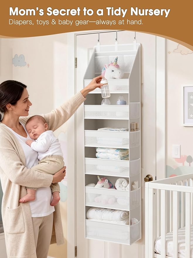 Criusia Over The Door Organizer, Heavy-Duty 6-Shelf Hanging Storage with 13 Mesh Pockets, 55lbs Capacity Behind The Door Storage for Nursery, Bathroom, Bedroom, and Dorm, White