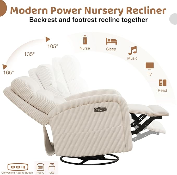Power Nursery Swivel Recliner, Electric Rocking Recliner with USB and Type-C Port, Swivel Glider Nursery Recliners for Living Room,Corduroy White