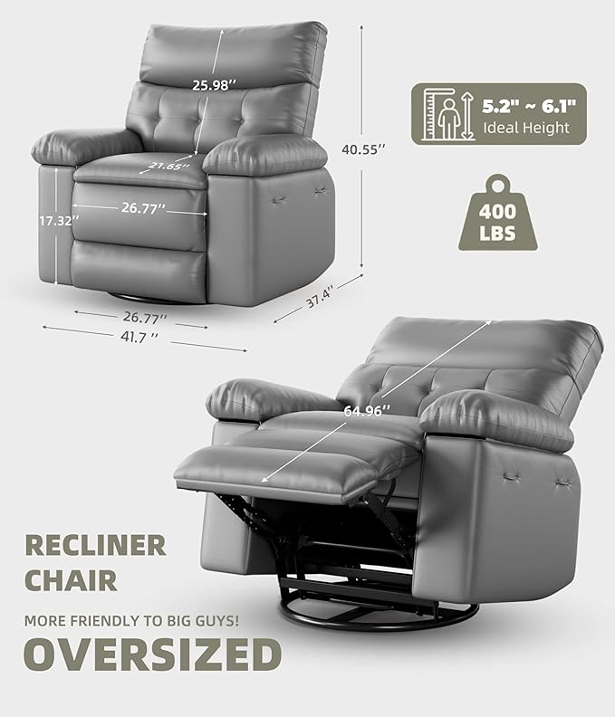 GarveeHome Oversized Wide Rocker Swivel Recliner Chair - PU Leather Manual Recliner for Adults, Large Nursery Chair Lazy Recliner with Comfort Arm and Back for Living Room, Bedroom
