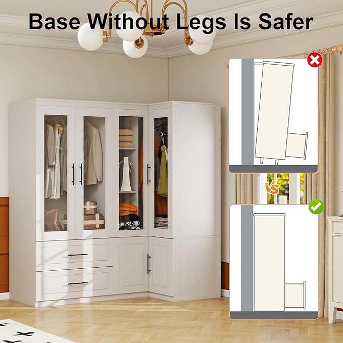Armoire Wardrobe Closet with 2 Glass Door: White Combination Corner Wood Wardrobe Closet 2 Drawer Wooden Bedroom Armoire with Hanging Rods for Home/Bedroom/Living Room