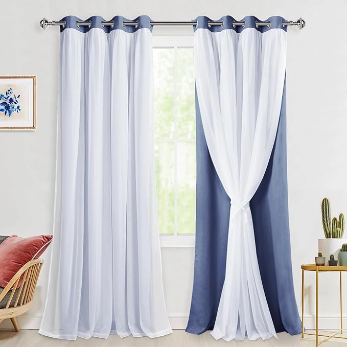 Hiasan Blackout Curtains with Sheer Overlay, Thermal Insulated Mix & Match Double Layer Room Darkening Window Curtains for Bedroom,Living Room,Nursery 2 Panels with Tiebacks (52W X 96L,Blue Haze)
