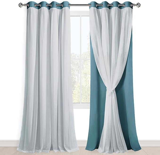 Hiasan Mix & Match Blackout Curtains with Sheer Overlay, Double Layer Thermal Insulated Privacy Grommet Window Curtains for Girls Bedroom,Living Room,2 Drape Panels with Tiebacks,Stone Blue,52W X 96L