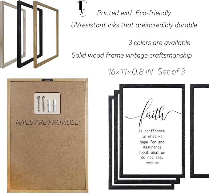 Faith Hope and Love Bible Verses Wall Decor Sign 16x11Inch Wood Framed Set of 3 Farmhouse Living Room Christian Faith Scripture Art Inspirational Religious Quote Love Wall Hanging (Black)