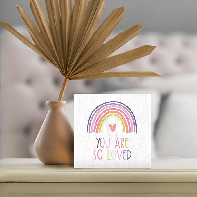 Boho Rainbow Kids Nursery Wood Box Sign - Inspirational Desk Shelf Decor, You Are So Loved Colorful Rainbow Wooden Block Plaque Box Sign for Home Kids Room Nursery Playroom Decorations