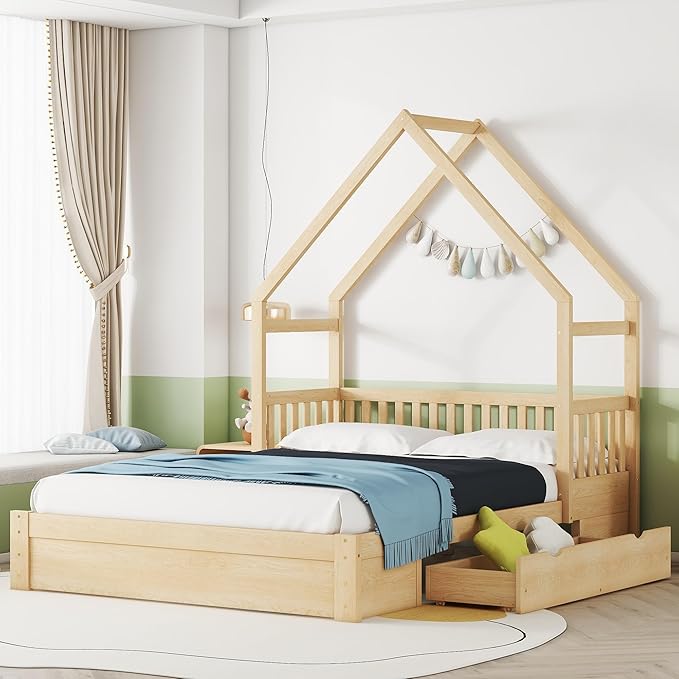 Wood Queen Size House Platform Bed with Safety Fence, Montessori Platform Bed with House Shape Headboard and 2 Drawers for Kids Boys Girls, Sturdy Slats Support (Natural-Q)