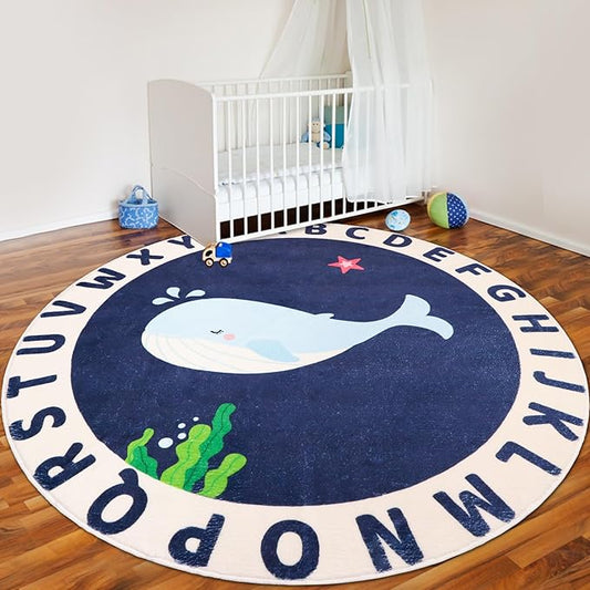 Round Kids Rug for Playroom,5.2ft ABC Alphabet Whale Kid Rug,Non-Slip Kids Rug Play Mat,Washable Educational Classroom Rug Kids Area Carpet for Kids Room Bedroom Nursery Playroom Decor