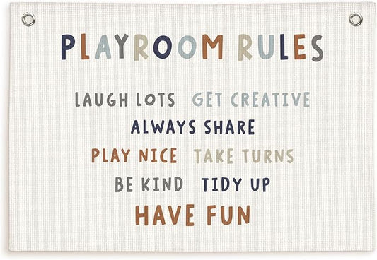 Lacama Play Room Wall Decor Rules Linen Banner, Kids PlayRoom Decor for Kids Nursery Home School, Nursery Wall Decor Toddler Boys, 30x20