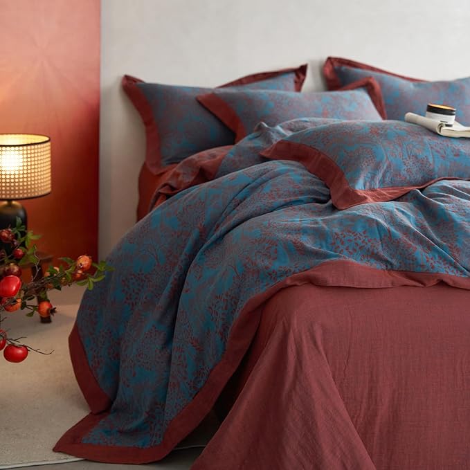 Vintage Blue Floral Duvet Cover Queen Retro Forest Theme Jacquard Duvet Cover Reversible Burgundy Floral Comforter Cover Linen Cotton Yarn-Dyed Textured Duvet Cover Botanical Farmhouse Bedding Set