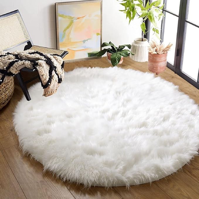 White Shag Round Rugs 6ft Washable Faux Sheepskin Fluffy Fur Area Rugs for Living Room Large Circle Boho Nursery Rug Teen Room Décor