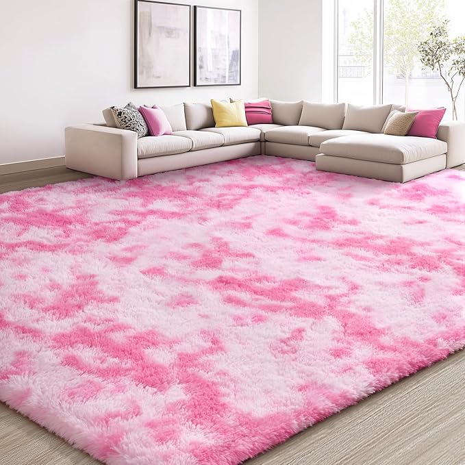 EVOIONOS Area Rug for Living Room Bedroom, Washable 6x9 Fluffy Shag Large Rug, Soft Plush Non Slip Carpet for Indoor Floor Bedside Nursery Kids Girls Room Dorm, Home Decor Aesthetic, Tie-Dyed Pink