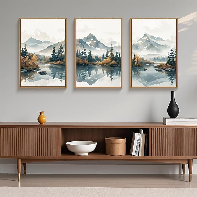 HLNIUC Winter Christmas Mountain Wall Art Framed,Large White Snowy Forest Decor Set of 3 (16"x24"), Watercolor Nature Lake Foggy Landscape Canvas Painting for Living Room, Bedroom, Office