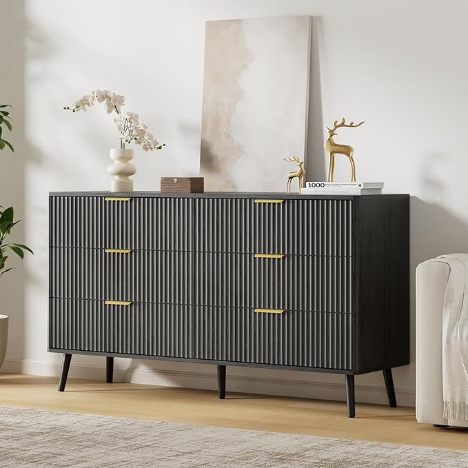 LYNSOM 55" Wide Fluted Dresser for Bedroom with 7 Drawer, Modern Chest of Drawers with Curved Profile Design and Metal Handles, Wood Dresser TV Stand & Storage Organizer for Living Room, Black