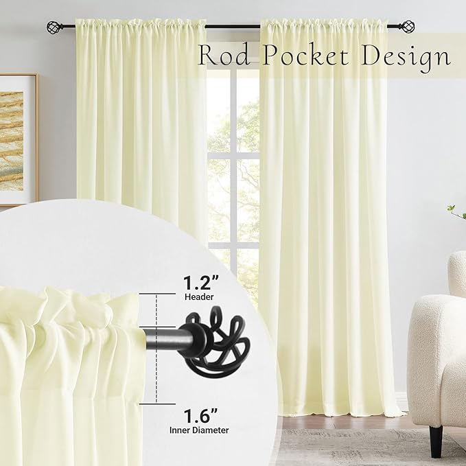 Melodieux Cream Yellow Velvety Semi Sheer Curtains 84 Inches Long for Bedroom, Living Room Natural Cotton Texture Rod Pocket Window Sheer Drapes, 52 by 84 Inch (2 Panels)
