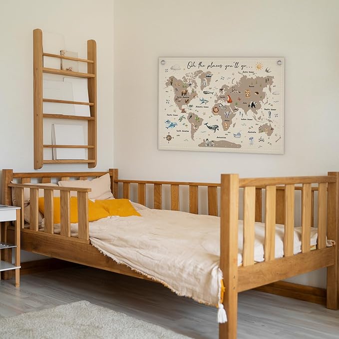 World Map Linen Banner, World Map Cute Animal Canvas Banner, Wall Hanging Banners Flags for Nursery Classroom Homeschool Playroom Bedroom -14