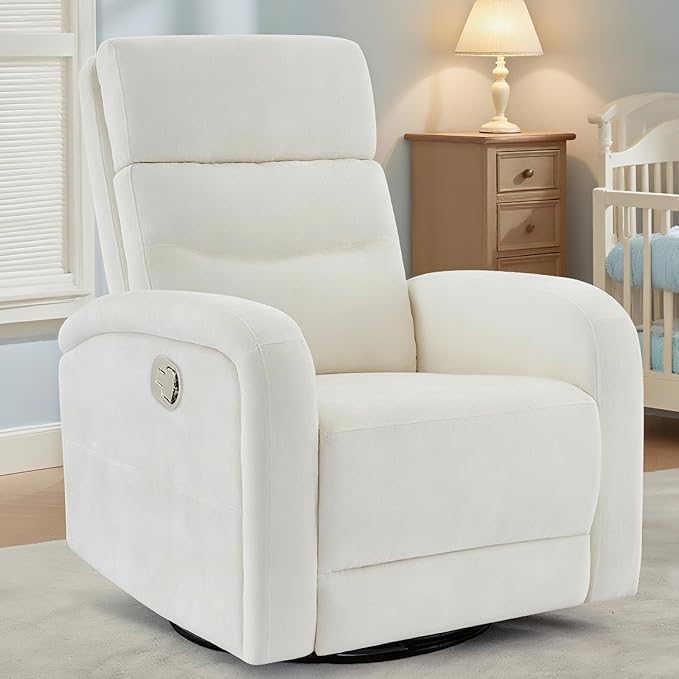 Swivel Rocker Recliner for Nursery, Upholstered Swivel Recliner Chairs, Glider Rocking Chairs Nursery Recliner, White Reclining Rocking Chairs for Living Room, Bedroom, Chenille Fabric