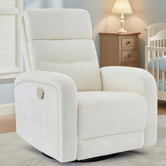 Swivel Rocker Recliner for Nursery, Upholstered Swivel Recliner Chairs, Glider Rocking Chairs Nursery Recliner, White Reclining Rocking Chairs for Living Room, Bedroom, Chenille Fabric