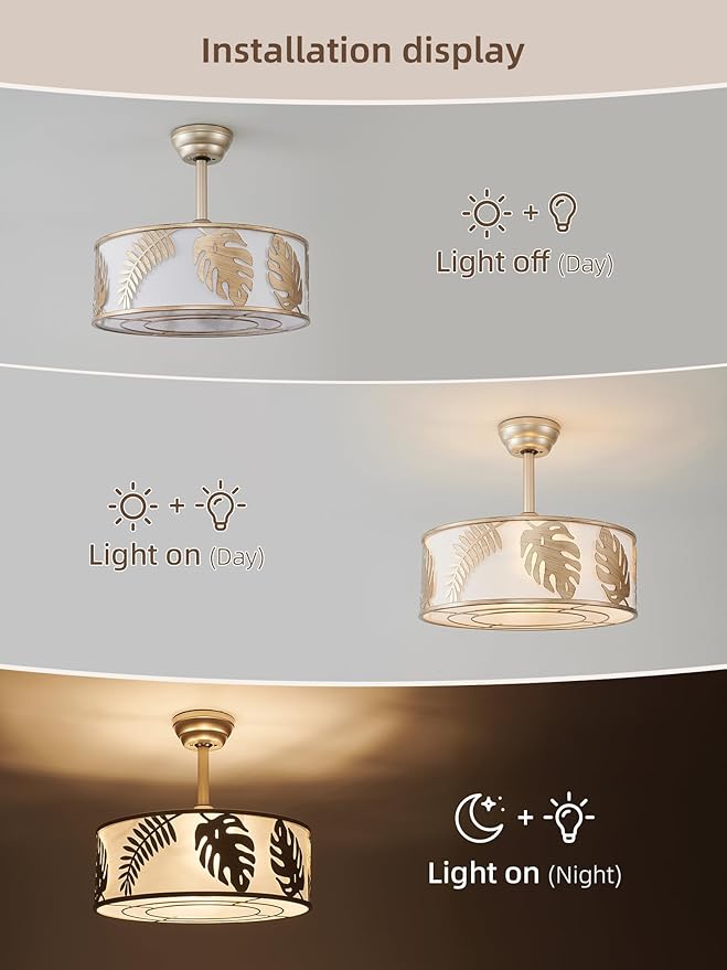 20" Gold Caged Ceiling Fans with Lights, Gold Fandelier Ceiling Fan with Light Remote Control, Bladeless Caged with 6 Speeds for Bedroom, Nursery, Living Room