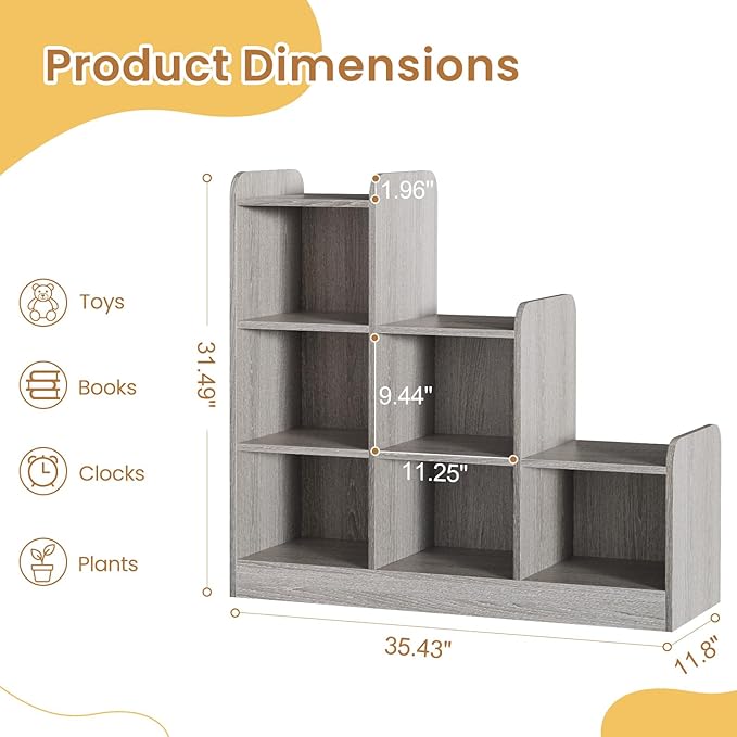 Montessori Shelf 6-Section Wooden Storage Cabinet, Kids Toy Storage Organizer Book Shelf for Kids Rooms, Classroom, Playroom, Nursery, Preschool Book Shelves