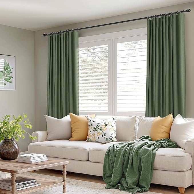 INOVADAY 100% Blackout Curtains for Bedroom, Black Out Curtains 120 Inch Long, Clip Rings Linen Blackout Drapes, Thermal Insulated Room Darkening for Living Room, 2 Panels - Moss Green,W50xL120