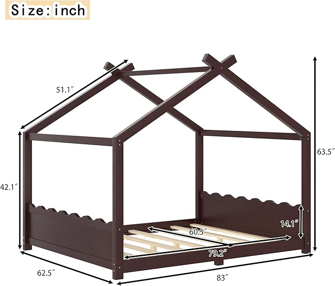 Queen Size Wooden House Floor Bed - Kids Bed Frame with Roof & Support Slats for Bedroom, No Box Spring Needed, Easy Assembly (Espresso)