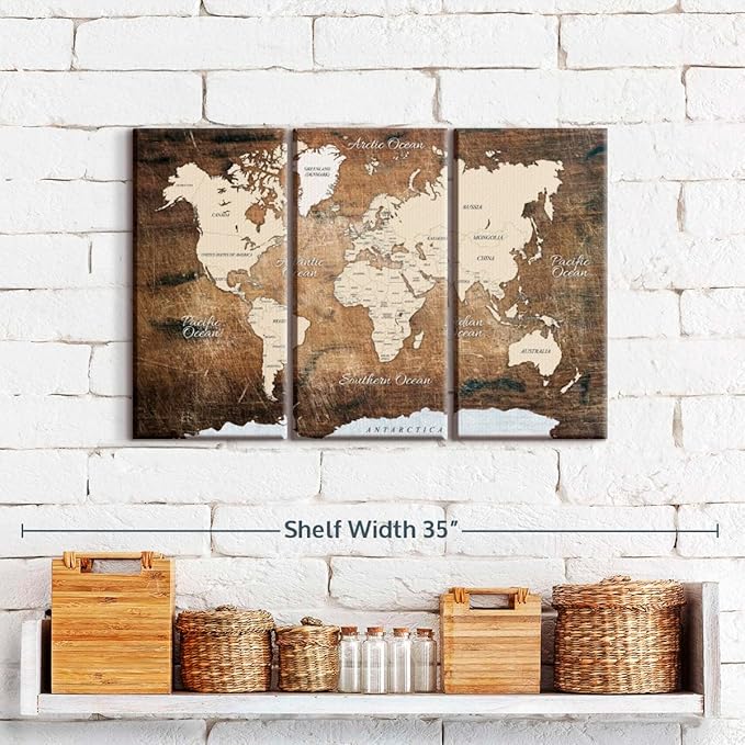 ElephantStock Aged Brown World Map I Wall Art - 3 Piece Canvas World Map Wall Decor - Ready-to-Hang Canvas Print - Vintage Wall Art - 23" X 14"