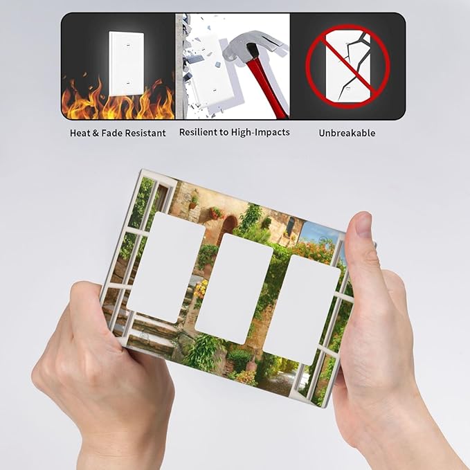 Mediterranean Greece Scene Flowers Light Switch Cover Triple Rocker Decorative 3 Gang Switches Plates and Outlet Covers Italian Town from Another Window Switchplate Wallplate for Kitchen Living Room