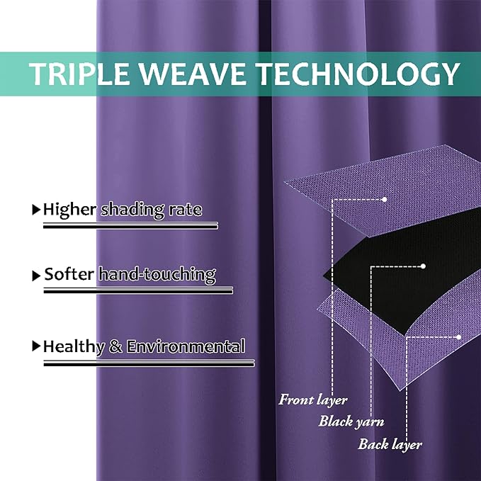 NICETOWN 100% Blackout Short Curtains with Black Liners, 2 Panels, 37" W by 50" L, Lilac Purple, Thermal Insulated Full Blackout 2-Layer Lined Drapes, Energy Efficiency Window Draperies for Bedroom