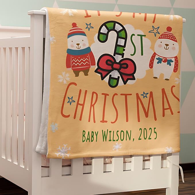 Personalized Baby's First Christmas Blanket, Custom Snowmen Candy Canes Baby Name Christmas Blanket, Soft Fleece Or Sherpa Throw, Baby Shower, Made in USA