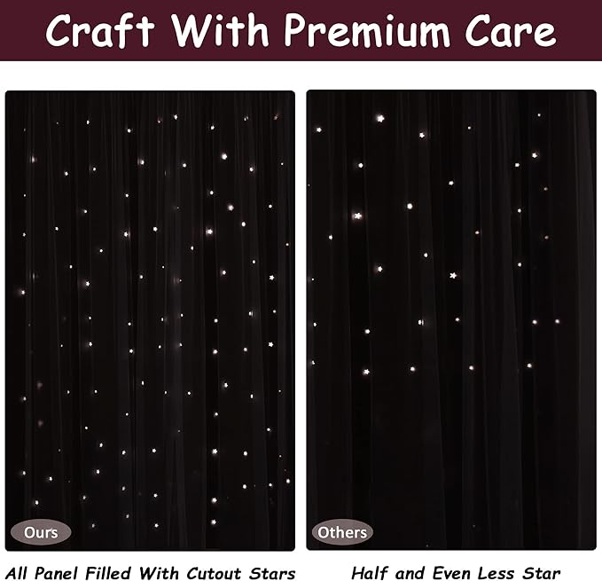 Kinryb Kids Blackout Curtains for Bedroom/Living Room/Classroom, Sheer Overlay 2 Free Tiebacks, Double Layer Curtains with Star Cutout for Kids Room(Each Piece W 70 x L 95 Inches 2 Pcs Red)