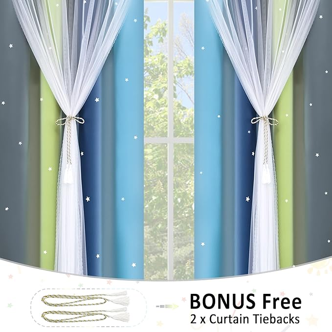 Kinryb Nursery/Kids/Girls Room Star Cut Out Blackout Rainbow Curtain with Sheer Overlay 2 Panels, Each 52 inch Wide,108 inch Length with White Gauze,Ombre Stripe Rainbow Curtains (2 Pcs,52x108 Inch)