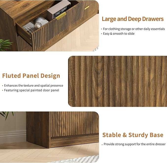 Walnut 6 Drawer Dresser Bedroom,55” Wide Fluted Dresser Wood with Gold Handles,Mid Century Wooden Chest of Drawer for Closet,Bedroom,Living Room,Walnut