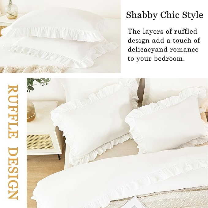 3 Pieces Queen Bedding Cover Set Ruffle Kids Duvet Quilt Covers Soft Fluffy White Comforter Duvet Cover Sets for Girls Teens Boys(White, Queen)