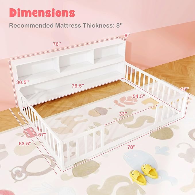 KOMFOTT Full Floor Bed with Bookcase & Shelves, Wood Bed Frame with Bedside Bookshelves & Guardrails, Versatile 2-in-1 Montessori Floor Bed for Kids (White)