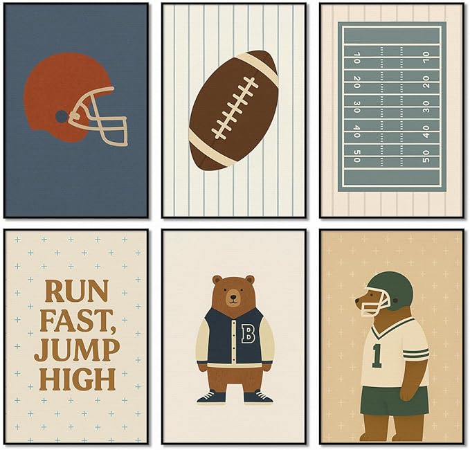 Football Poster Canvas, Baby Boy Sports Nursery Wall Art, Animal Bear Athletes Pictures, Run Fast Jump High Charming Quote Print, Kids Bedroom Soccer Equipment & Field Decor 8x12in Unframed