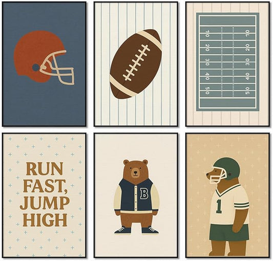 Football Poster Canvas, Baby Boy Sports Nursery Wall Art, Animal Bear Athletes Pictures, Run Fast Jump High Charming Quote Print, Kids Bedroom Soccer Equipment & Field Decor 8x12in Wrapped Canvas
