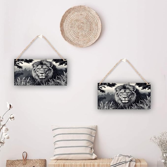 Monochrome Lion in forests wood door sign wall decor home decor signs 12x6 Inch,Rustic Wood Wall Art for Bedroom,Entryway,Kitchen,Nursery,Perfect Farmhouse Wall Decor for Animal & Art Lover