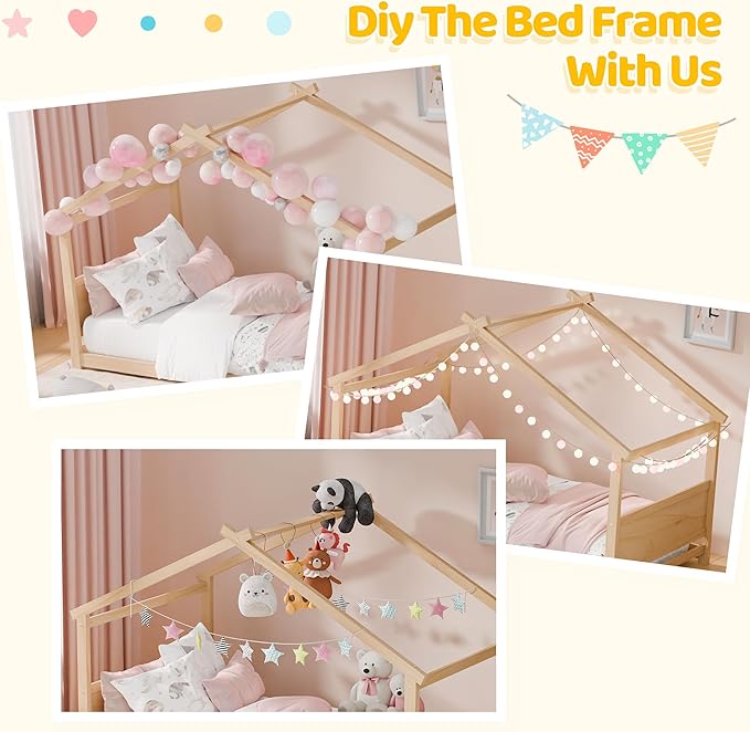 Twin House Bed, Montessori Floor Bed with Headboard & Footboard, Solid Wood Bed Frame for Toddlers Teens Bedroom, No Box Spring Needed, Natural