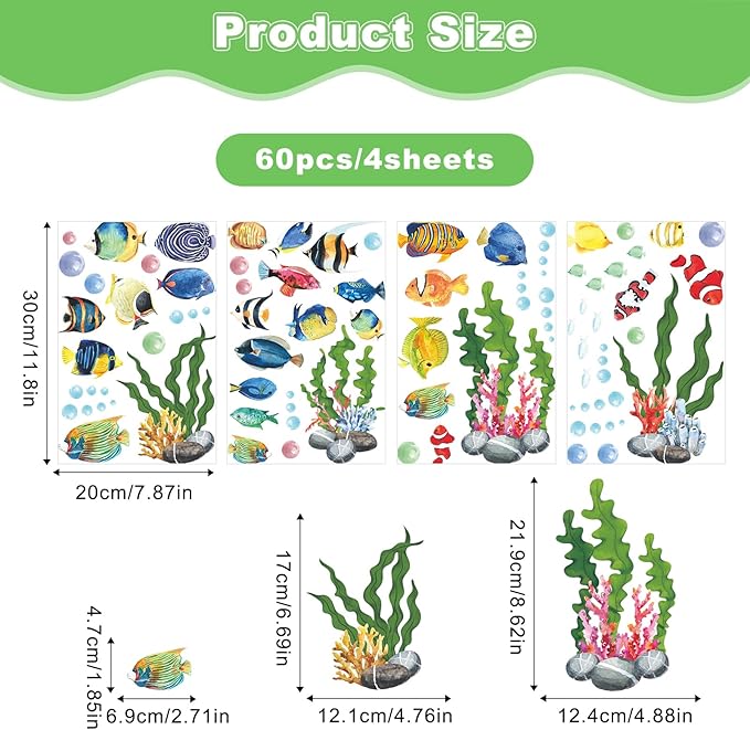 60 Pieces Under The Sea Wall Decals, Ocean Fish Large Coral Reef Seaweed Removable Stickers for Kids Baby Boys Bedroom Nursery Living Room Toddler, Peel and Stick Underwater Sea Stickers
