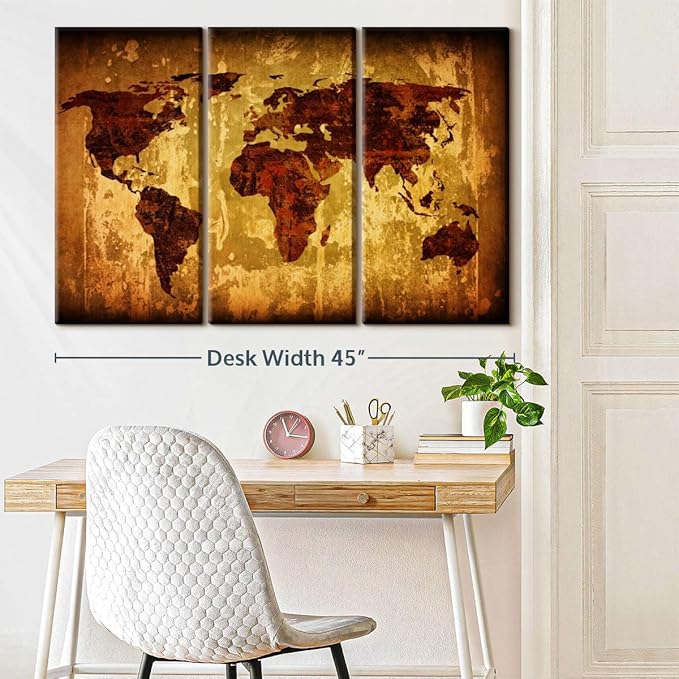 ElephantStock Vintage World Map Wall Art Multi Piece Canvas - 3 Piece Canvas World Map Wall Decor - Wall Decor - Ready-to-Hang Print - Vintage Wall Art - 45" X 28"