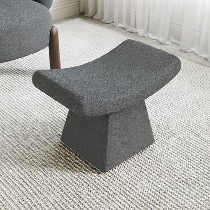 homary Vanity Chair Boucle Curve Ottoman, Plush Upholstered Foot Stool for Lving Room, High-Resilience Foam Chair for Bedroom, Stool Short for Entryways (Gray)