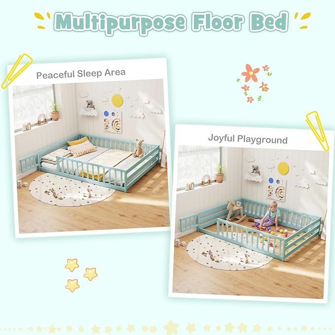 KOMFOTT Full Size Wood Floor Bed with Door & Fence, Montessori Bed Frame with Full Length Safety Guardrails, Door & Latch, Wooden Montessori Floor Bed for Kids, Girls, Boys (Full,Green)