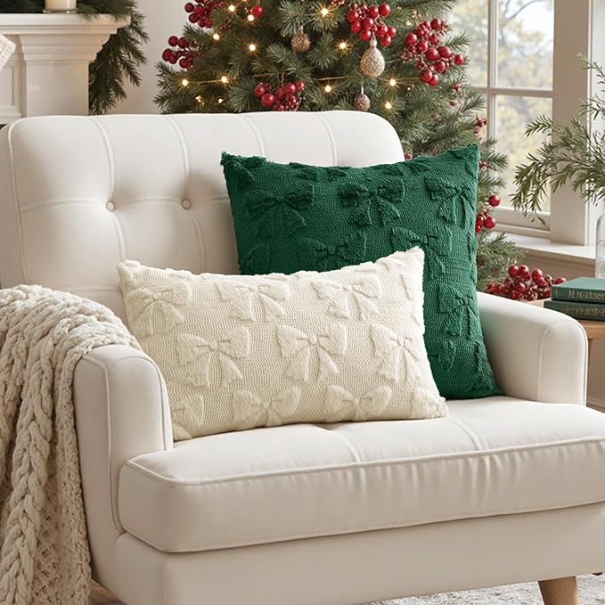MIULEE Christmas Dark Green Bow Pillow Covers Coquette Room Decor Aesthetic Set of 2 Decorative Cute Girl Throw Pillow Soft Plush Faux Pillowcase for Girl Bed Couch Sofa,18x18 Inch