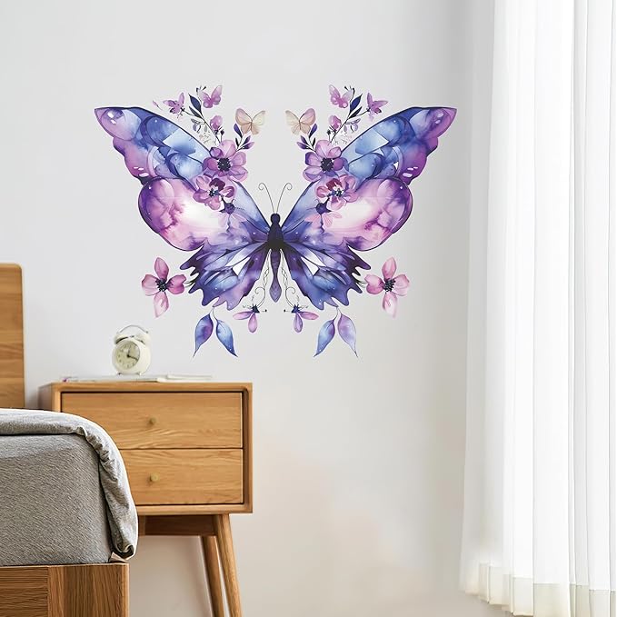 Purple Butterfly Flower Wall Decals Large Blue Butterfly Stickers Colorful Art Decal Removable Peel and Stick Butterflies Wall Decor for Kids Girls Bedroom Nursery Bathroom Decorations