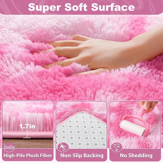 EVOIONOS Area Rug for Bedroom Living Room, Machine Washable 4x6 Fluffy Shag Rug, Soft Plush Non Slip Carpet for Indoor Floor Bedside Nursery Girls Kids Room Dorm, Home Decor Aesthetic, Tie-Dyed Pink