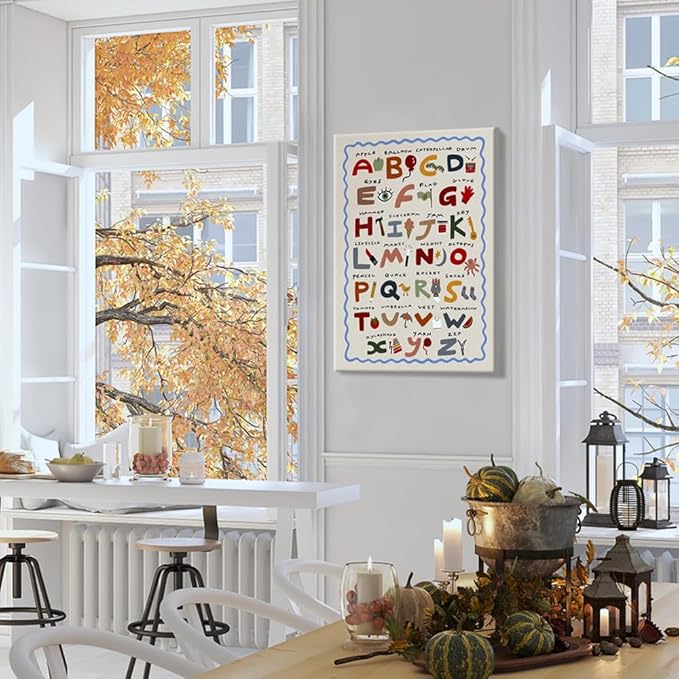 Cute First Illustration Alphabet Learning Canvas Print Posters Eclectic Nursery Wall Art Funny Boho Kids Educational Abc Chart Colorful Decor Picture for Toddlers Classroom Playroom 24x36inch Unframed