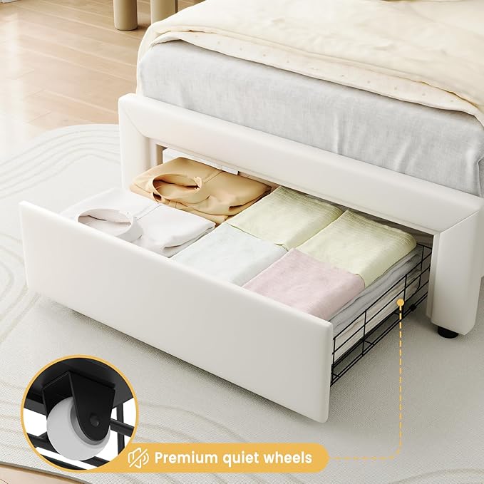 GarveeHome Twin Upholstered LED Bed Frame with Headboard, Faux Leather Princess Platform Bed Fram for Kids, Wooden Slats Support, No Box Spring Needed (Cream with Drawer, Twin)