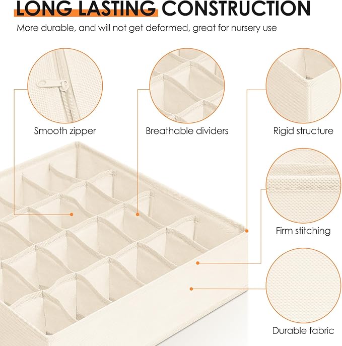 Criusia Drawer Organizer Clothes, 16 Pack Dresser Organizer Bins for Baby Clothes, Underwear Sock, Fabric Closet Organization and Storage Dividers for Nursery Bedroom (96 Compartments, Beige)