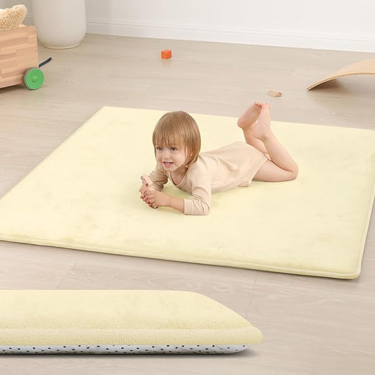 Baby Play Mat for Floor,1.3" Thick Elasti-Foam 50"×50" Playpen Mat for Tummy Time,Water Repellent Soft Coral Velvet for Toddler,Infant,Kids,Non-Slip Backing Safe for Crawling(Vanilla)