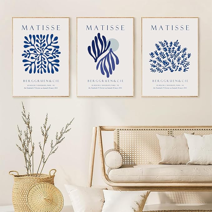 LUHDFYS Blue Matisse Canvas Wall Art Print,Abstract Matisse Wall Art Exhibition Posters Set of 3,Navy Blue Canvas Prints,Landscape Aesthetic Decor for Bedroom Bathroom Living Room Unframed