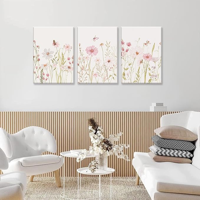 MTFBWY Floral Canvas Wall Art Flower Framed Art Prints Set of 3 Pink Wildflower Printing Botanical Nursery Pictures Wall Decor Artwork for Living Room Bedroom Bathroom 12x16in